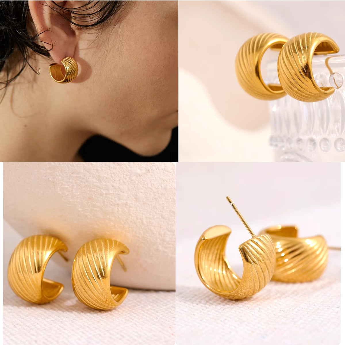 Aretes en Forma de Luna en Acero Inoxidable 316L y baño de Oro de 18K