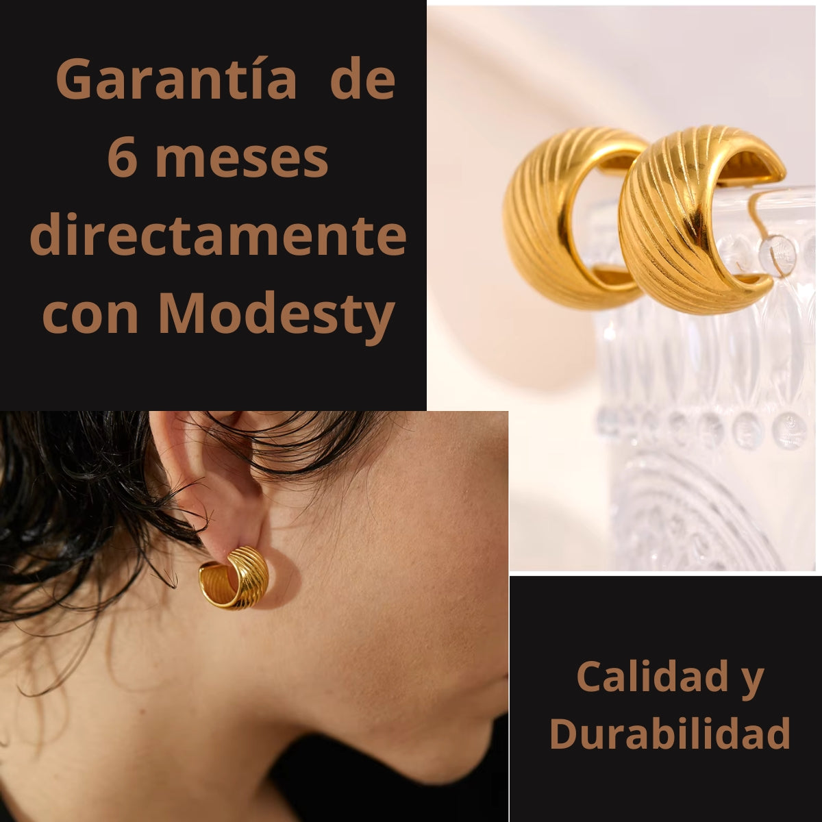 Aretes en Forma de Luna en Acero Inoxidable 316L y baño de Oro de 18K