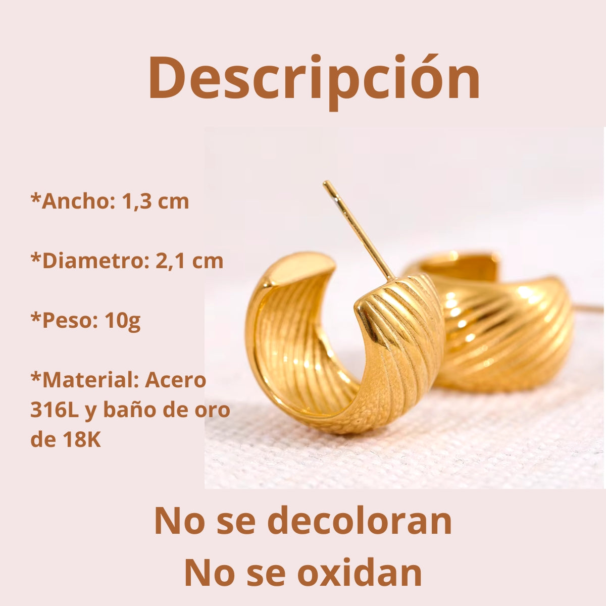 Aretes en Forma de Luna en Acero Inoxidable 316L y baño de Oro de 18K