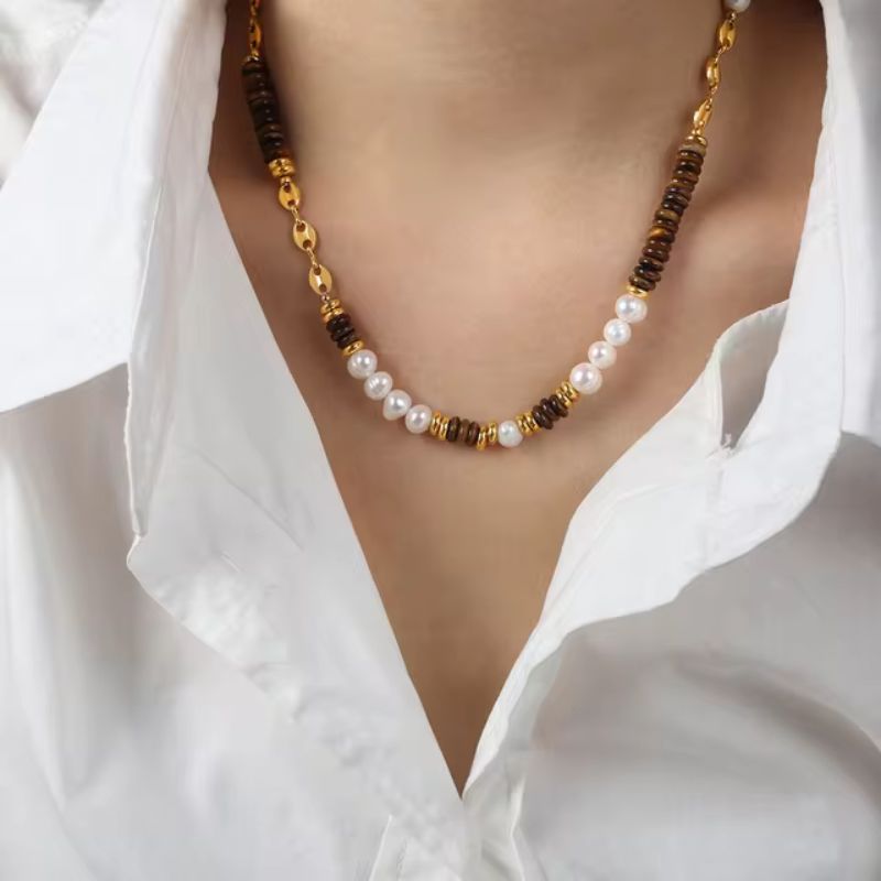 Conjunto de collar y pulsera de perlas de agua dulce y piedras de ojo de tigre natural de titanium inoxidable