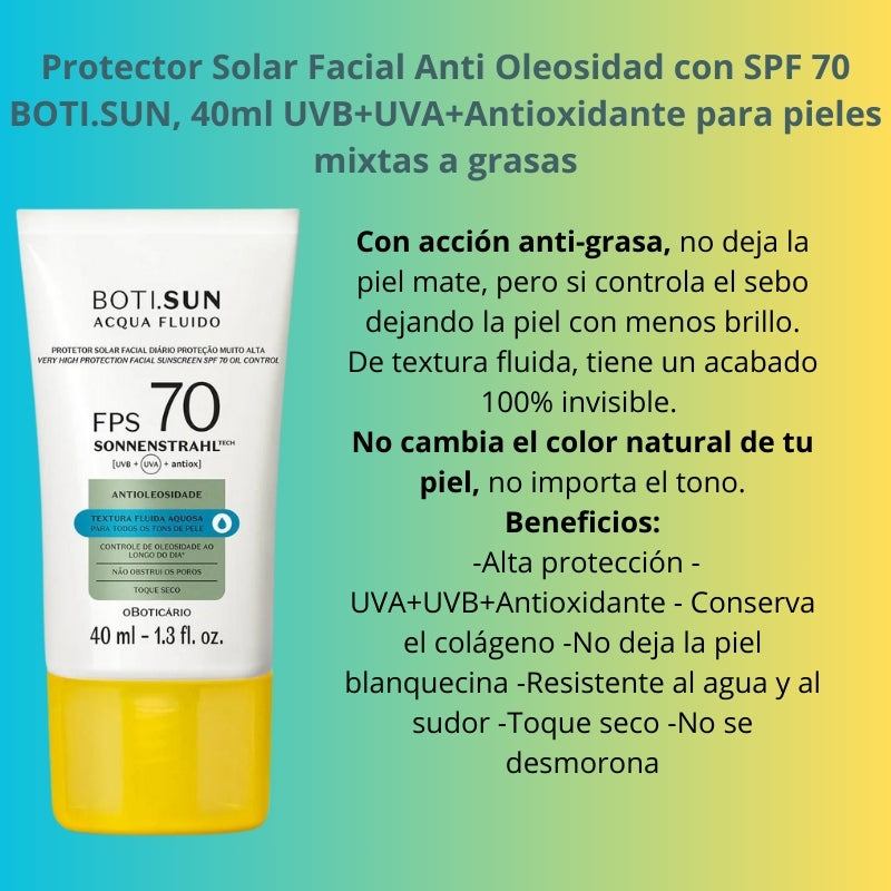 Bloqueador Solar Facial 70 Uva BOTI.SUN, 40ml + Regalito