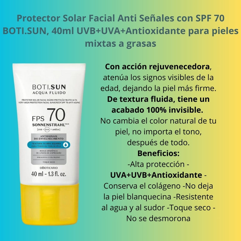 Bloqueador Solar Facial 70 Uva BOTI.SUN, 40ml + Regalito