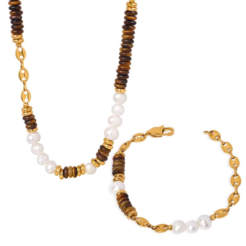 Conjunto de collar y pulsera de perlas de agua dulce y piedras de ojo de tigre natural de titanium inoxidable