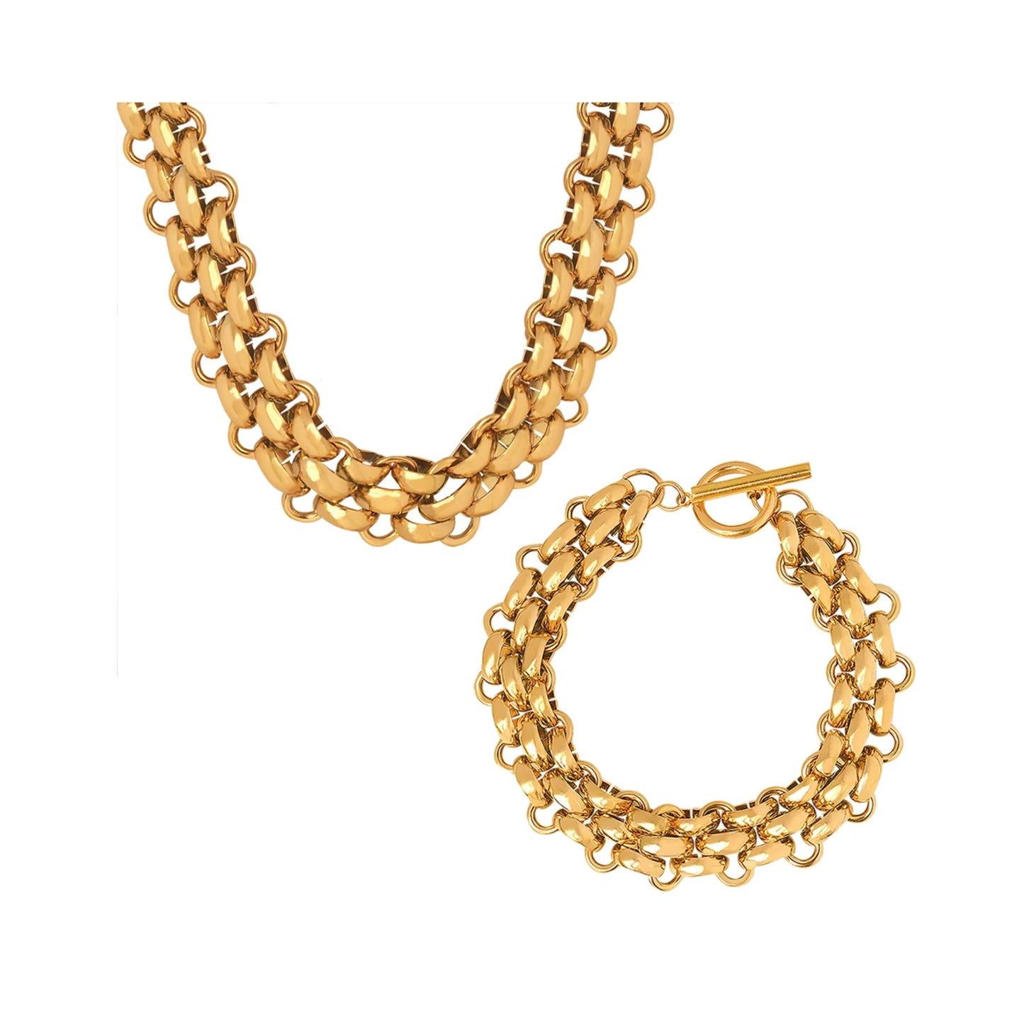 Conjunto grueso de collar y pulsera en acero 316L con baño de oro de 18K-No cambia de color