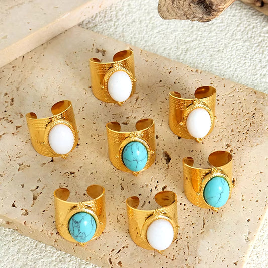 Anillos Retro de Titanio con Piedras Naturales Turquesa y Shirakai Blanca – Belleza Duradera y Significado Profundo