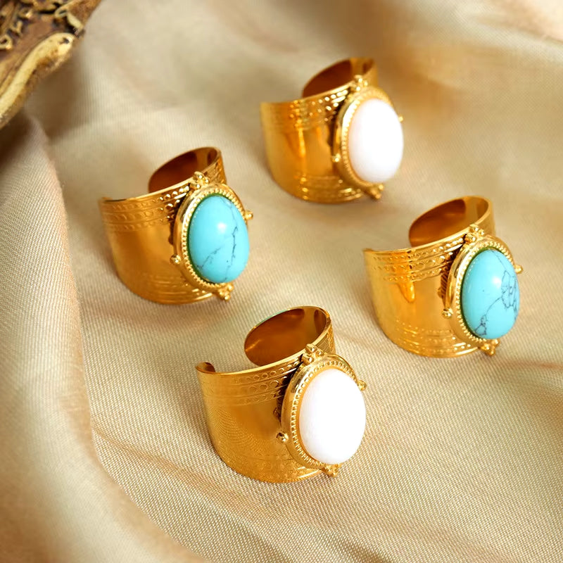 Anillos Retro de Titanio con Piedras Naturales Turquesa y Shirakai Blanca – Belleza Duradera y Significado Profundo