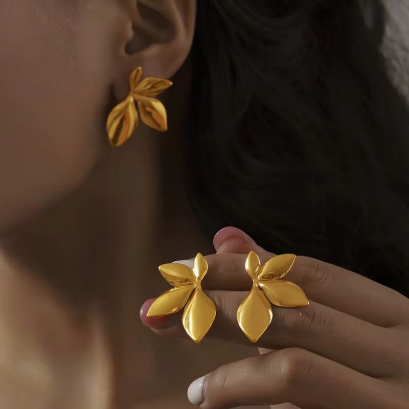 Pendientes de acero inoxidable 316L con forma de hoja para mujer, chapados en oro de 18K