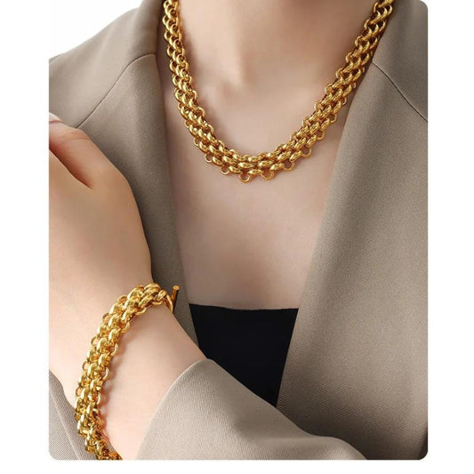 Conjunto grueso de collar y pulsera en acero 316L con baño de oro de 18K-No cambia de color