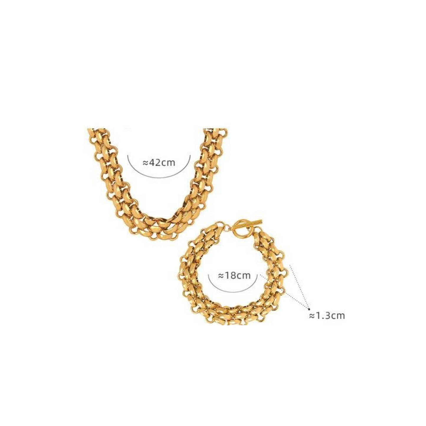 Conjunto grueso de collar y pulsera en acero 316L con baño de oro de 18K-No cambia de color